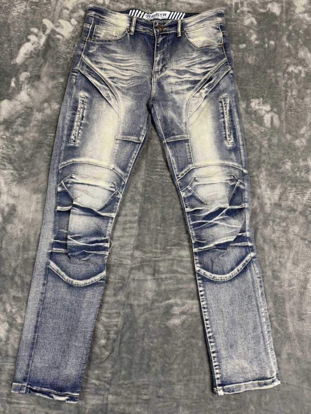 GSTR Mens Slim Fit Biker Jeans With Distressed Wash 32